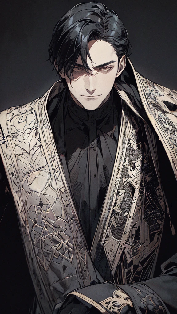 Best quality, (background_detail), high_contrast, detail_original_illustration, warrior, muscular, villain face, armored, full_body, medieval, crease between eyes, young man, man in 20s, dark_stitch_landscape, (dramatic_lighting:1. 25), (shaded_background:1.2), black_hair, (short black hair:) 1.1 ), Large figure, Delicate face, Evil smile, Sharp eyes, Black background, (Black background:1.5), Beautiful line drawing, Black and white