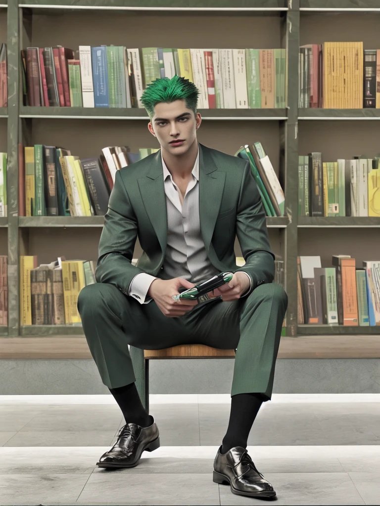 1 man, handsome, muscular, green hair, scar, black suit, black Oxford shoes, black socks, best quality, masterpiece, sitting, 