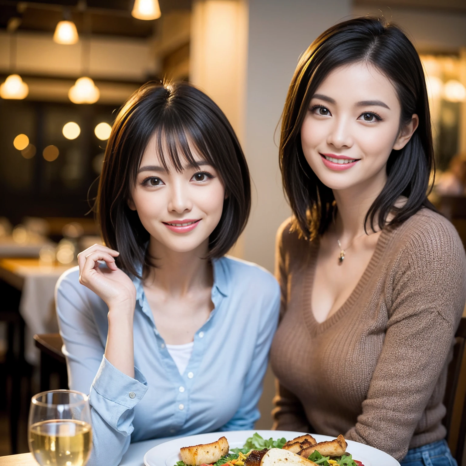 (Realistic:1.1),(masterpiece,Highest quality),8k,((Two Women)), (45 years old), 42 years old, slimカップル、modelカップル、actress男優、Tight waist,Upper Body,full-course dinner、wine 、Amazing view of the sunset sky and clouds、Perfect Anatomy, Brown Hair, Short Hair,Random Hairstyles,((Highly detailed face and eyes:1.2))(cute顔:1.4),美しいactressの顔,Perfect golden ratio face,Long sleeve shirt、dress,(smile:1.2)、Shortcuts、cute、(Realistic, Intricate details:1.2), A bright smile、short hair,Bright Face、赤wine 、Appetizers、Italian food、wine bottle、Champagne、スパークリングwine、Brown Hair、Shortcuts、(slimな顔), (The body is slim), (Brown Hair), (Shortcuts), cheeks turn a little red,restaurant, In a prominent place (From the waist up) Nova Frog Style, actress, model, Upper Body, 白wine, slim, wineグラス,