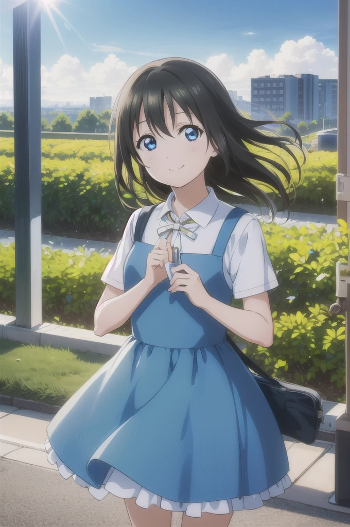 (Highest quality, masterpiece:1.2), (One Girl, alone:1.2), cute, smile, Detailed Background, (View your audience, alone focus:1.2), Light on the face, null, blue null, Cowboy Shot, sunlight, Lens flare, Written boundary depth, scenery, Mouth closed,
Osaka Shizuku, short hair, blue eyes, Black Hair, Nijigasaki University