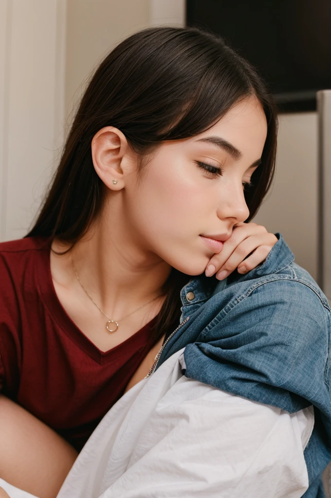 A cute girl kiss on a boy's chest
