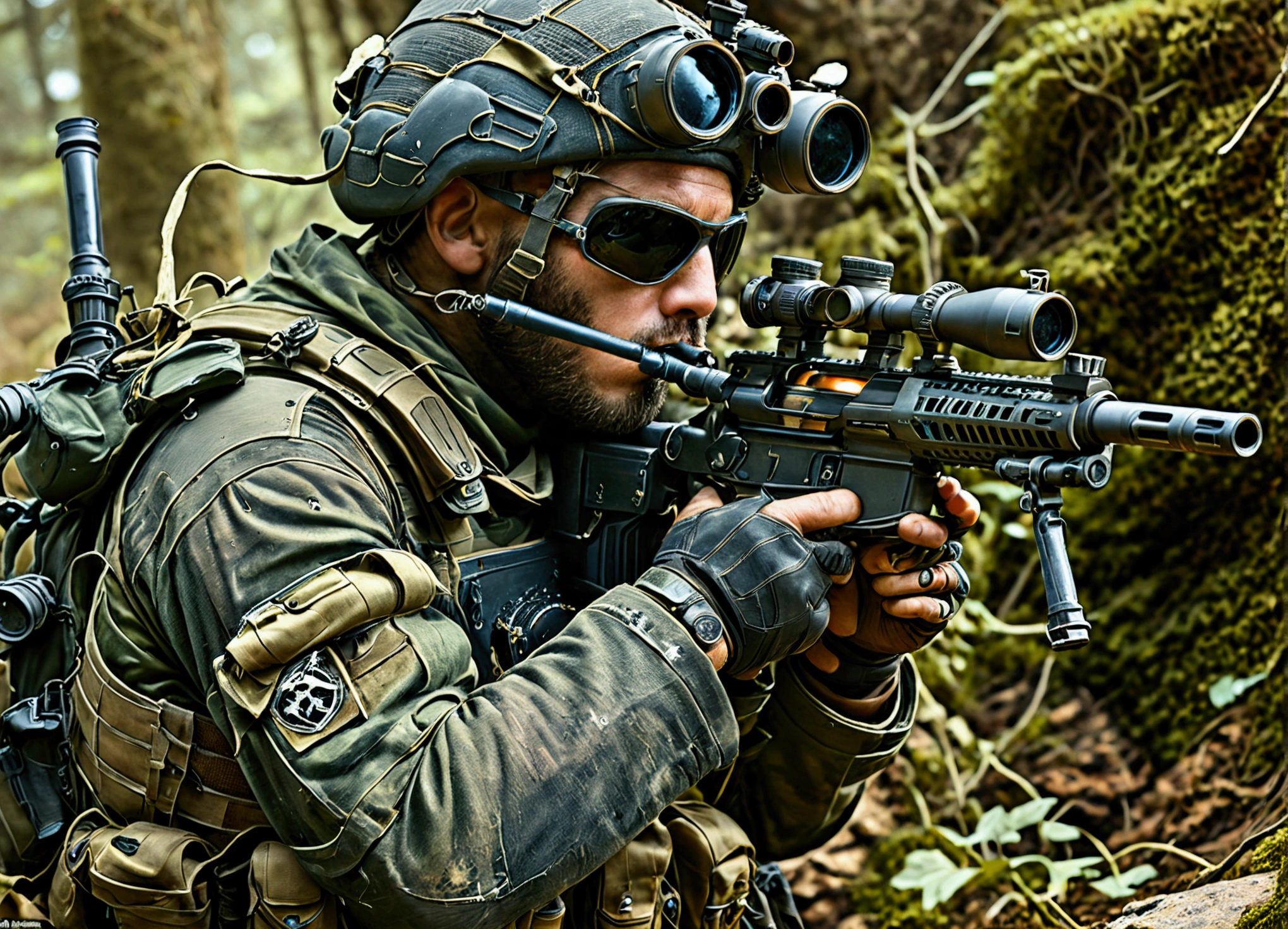 In that hidden corner stood a fully armed sniper. He was wearing an extremely complex military uniform, and every detail seemed to tell the story of the battle. The military uniform not only had multiple layers of protective armor, but also was equipped with various exquisite tactical pendants, showing its professionalism and rigor.
He wore a pair of dark sunglasses on his face, which not only blocked his sharp eyes, but also added a bit of mystery and coldness. And in his mouth, there was a delicate pipe leisurely, and the smoke curled up, as if creating a different kind of leisure in this tense atmosphere. But under this seemingly leisurely posture, there was a determination and courage that could erupt at any time.
Beside him, the eye-catching sniper rifle leaned, its body slender and heavy, like a silent dragon. The scope on the gun reflected a cold light in the faint light, as if to show its accuracy and lethality. This sniper rifle was his most trusted partner, accompanying him through countless life and death battles.
For example, when performing a mission, even if the surrounding environment was changing rapidly, he could still rely on his excellent camouflage and calm judgment, motionless like a statue, clutching the sniper rifle, waiting for the best opportunity to shoot. Or on a dangerous battlefield, his appearance with a pipe in his mouth might give people an illusion, but in the next second, he could raise the sniper rifle with rapid movements, showing his chilling strength with accurate shooting.