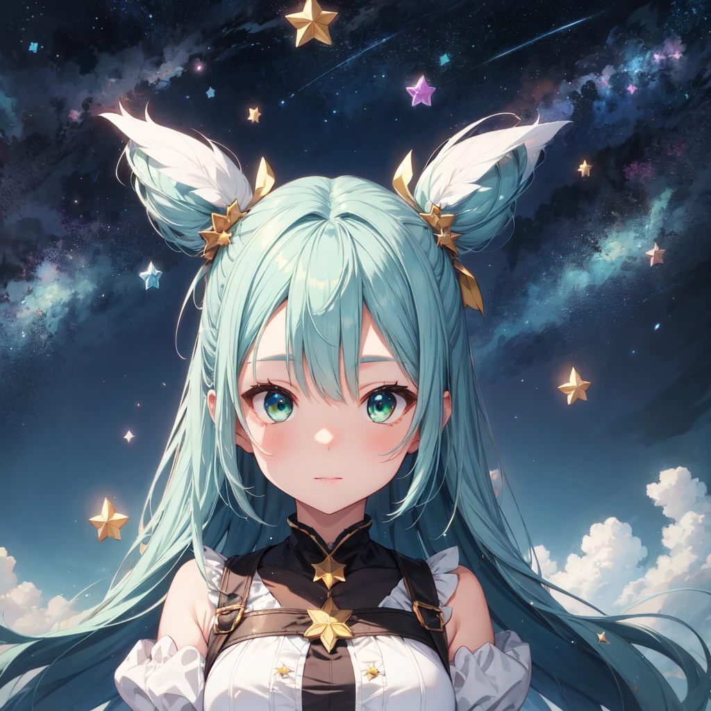 1girginal cute hairstyle、Star Fairy、Star incarnation、Character design front view、A picture facing the viewer、(((Super detailed、Highest quality、Masterpiece)))、Original cute hairstyle、Milky white and blue hair color、Simple Green Background、vtuber-fullbody,K,