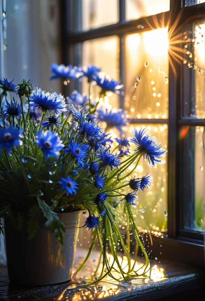 Intricate details, detailed, realism, a close up floral of Anemone /Cornflowers bouquet on pot under large window. The first rays of sunlight in the morning，Dew drops on  flowers on the vas，(sunrise，Halo)，Beautiful picture，HD Wallpapers，Natural light, dramatic, Source reality,