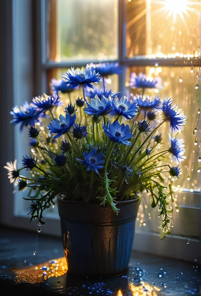 Intricate details, detailed, realism, a close up floral of Anemone /Cornflowers bouquet on pot under large window. The first rays of sunlight in the morning,Dew drops on flowers on the vas,(sunrise,Halo),Beautiful picture,HD Wallpapers,Natural light, dramatic, Source reality,