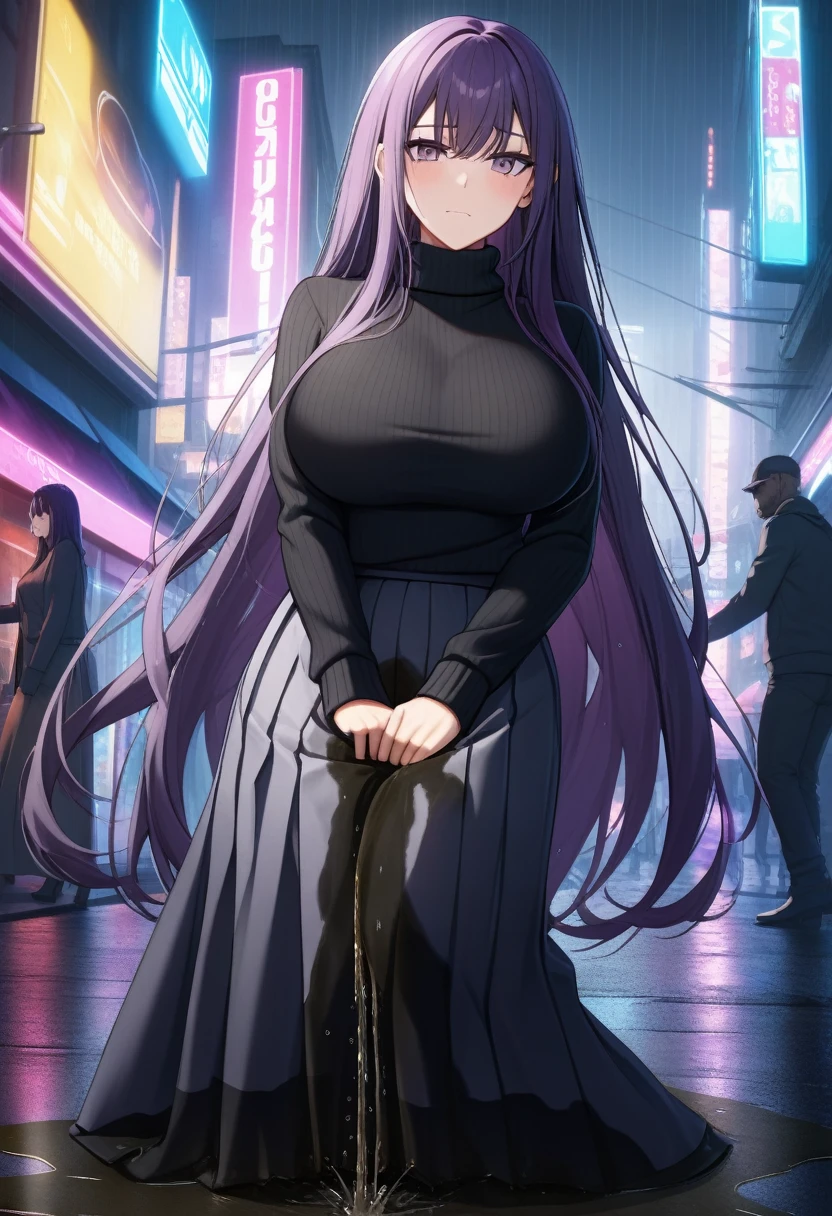 night, Colorful cyberpunk city background, rain, street, (very long hair:1.25), dark purple hair, purple eyes shining eyes, large breasts, turtleneck sweater, (long skirt:1.25), multicolored skirt, (wetting herself:1.5), stern expression, day, daytime, glow, looking at viewer, perfect composition, Perfect light and shadow, 8K