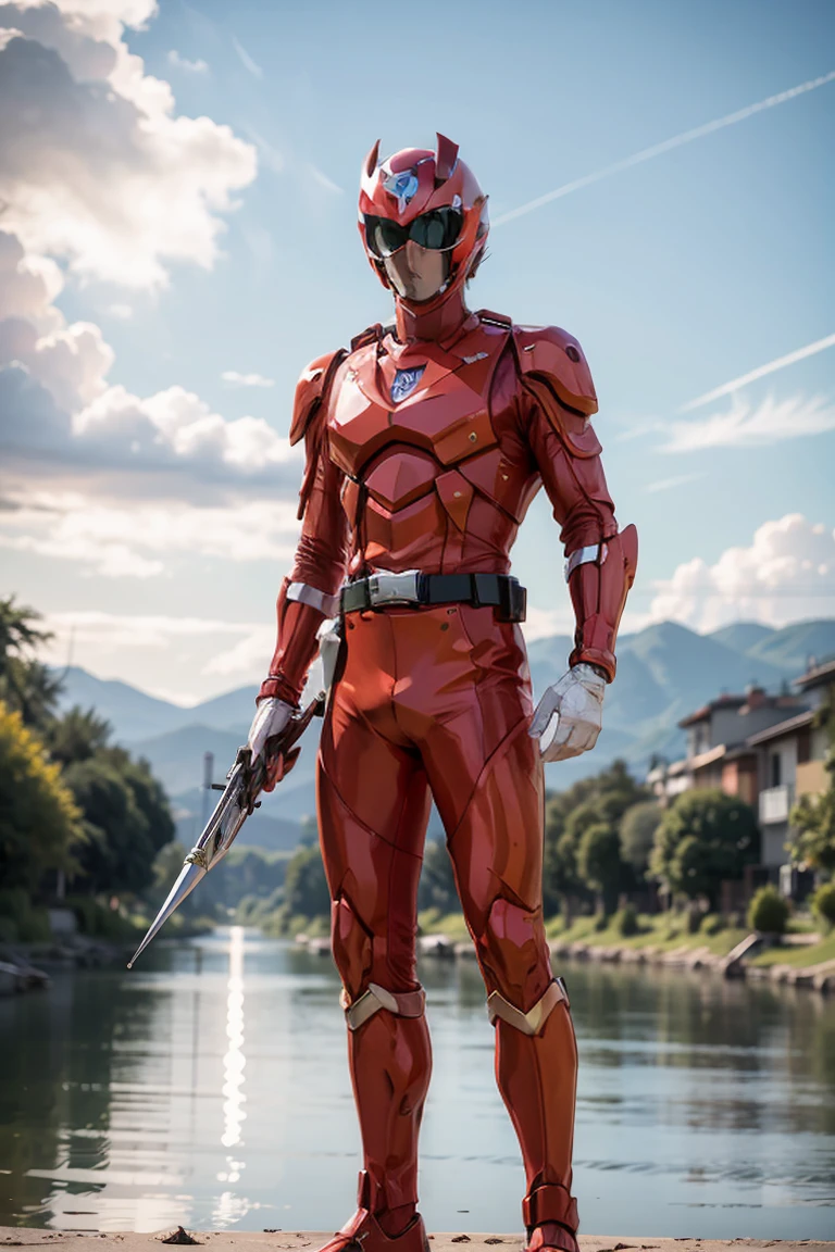 The sunset flies with the lonely geese in the distance, and the autumn river water and the vast sky are connected, icons,1boy, white, full body, Illustration, cinematic light, high resolution, best quality, ultra detailed, masterpiece, power suit, powerranger, suit, spd, (silver royal guard ranger suit), gold detail