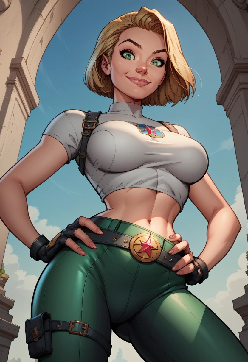 score_9, score_8_up, score_7_up,score_6_up, score_5_up, score_4_up , detailed soft lighting, 1girl, solo, large breasts, AchaseDG, hort hair, blonde hair, green eyes, plain white shirt, black gloves, crop top, green and black pants, belt, fingerless gloves, (tight clothes:1.3), from below, hands on hips, looking at viewer, smile, closed mouth, (masterpiece, best quality, highly detailed, beautiful).