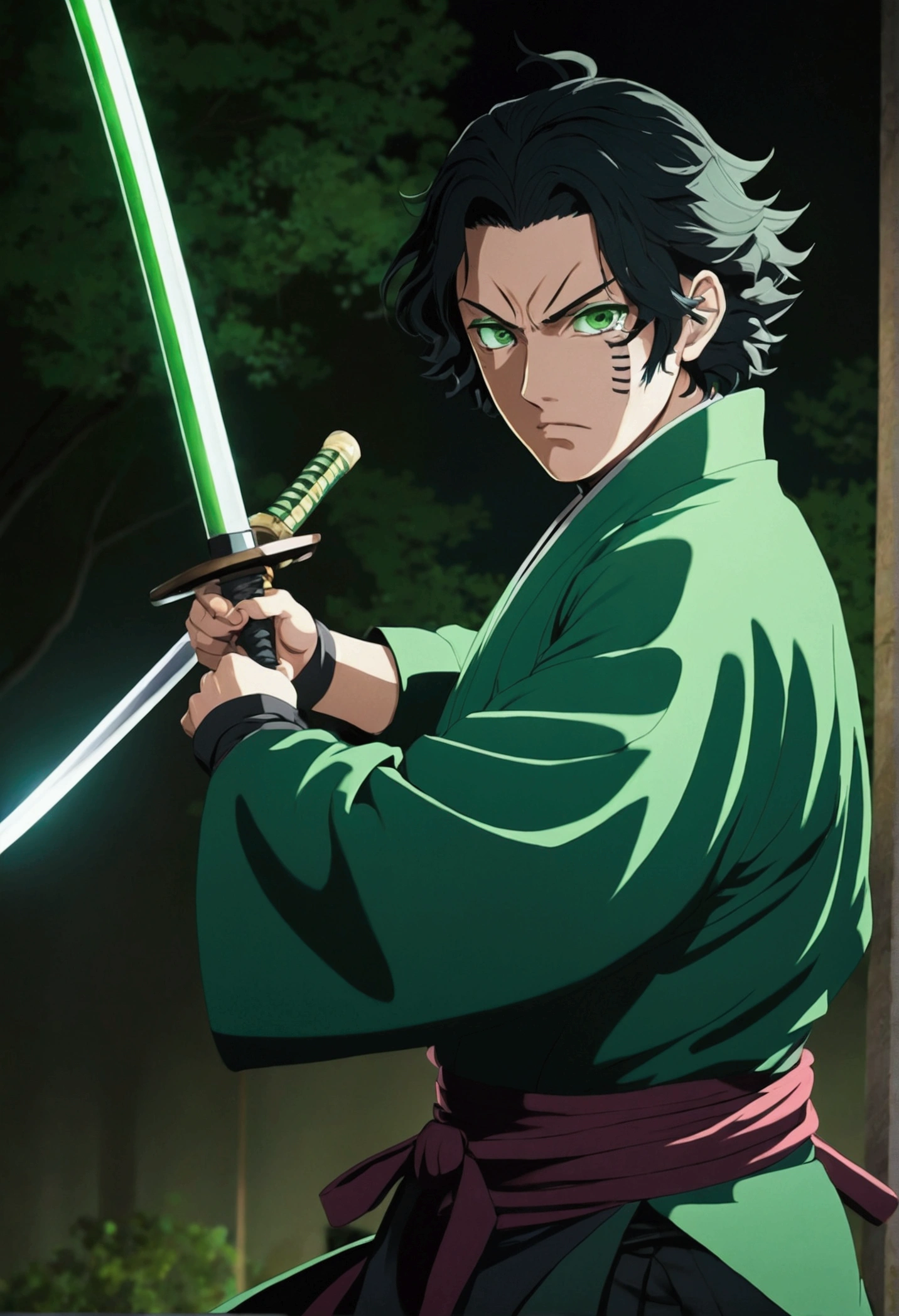 One Guy, young guy, Kimetsu no Yaiba, katana, toxic breathing style, green clothes, green eyes, sword slash, green sword aura, night backround.