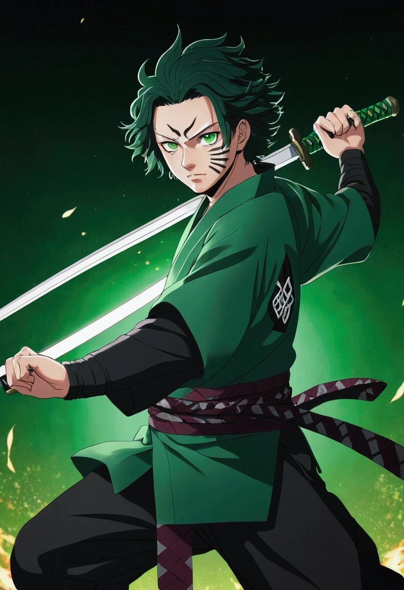 One Guy, young guy, Kimetsu no Yaiba, katana, toxic breathing style, green clothes, green eyes, sword slash, green sword aura, night backround.