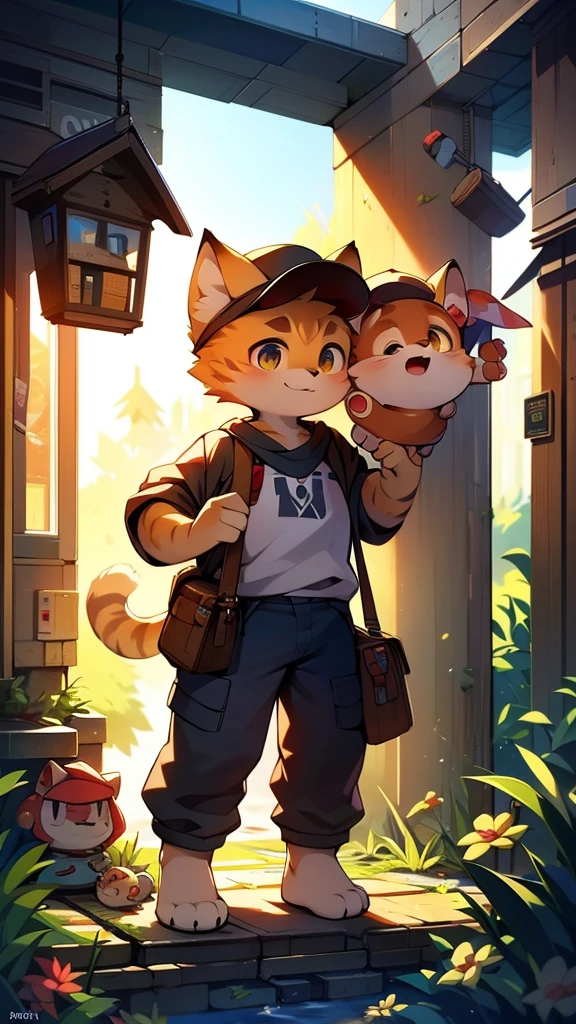 A cartoon style painting,The picture shows a kitten wearing a hat and carrying a school bag,Stand on the doorstep,His cat dad and mom greeted him with open arms,Wearing stylish fursona, Cat boy, Cute cat, Anthropomorphic cats, Hot topics on artstation pixiv, Full body high-grade white, High-quality anime art style, High resolution cargo, Anthropomorphic cats, High Quality Fan Art, Anthropomorphic cyberpunk kitten:tall and big,