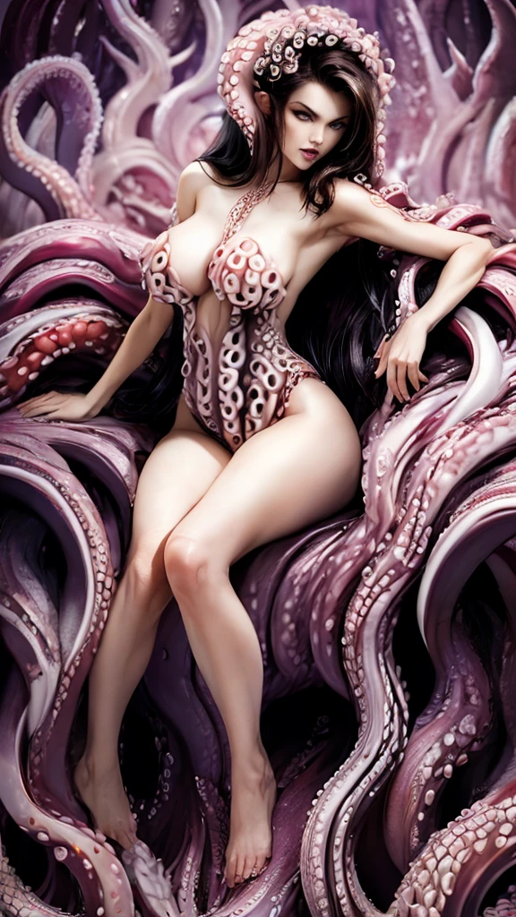 Ultra quality, 4k, A brunette girl of about 40 years old, gothic , Very long hair, long and sharp nails, half naked ,very sexy body with curves ,sitting on hundreds of white tentacles. She is wet and slightly aroused. She is evil and seductive.