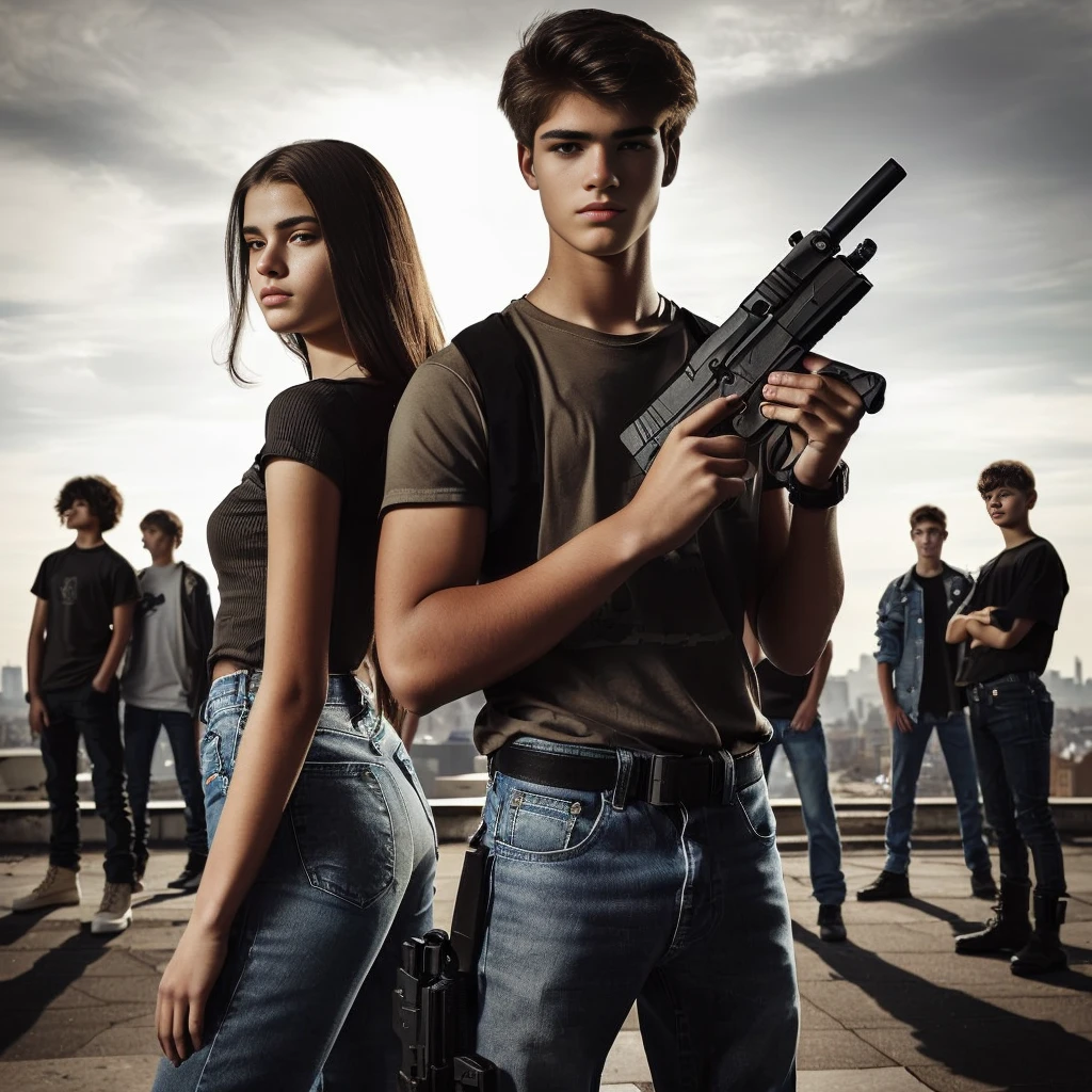 A handsome serious teenager, weg t-shirt, jeans and black army boots with a Beretta M9l in hand stands back to back with a beautiful teenage girl. A p of teenagers stands behthem. In the background, we see they’re standing on a rooftop with a city stretching behind them.