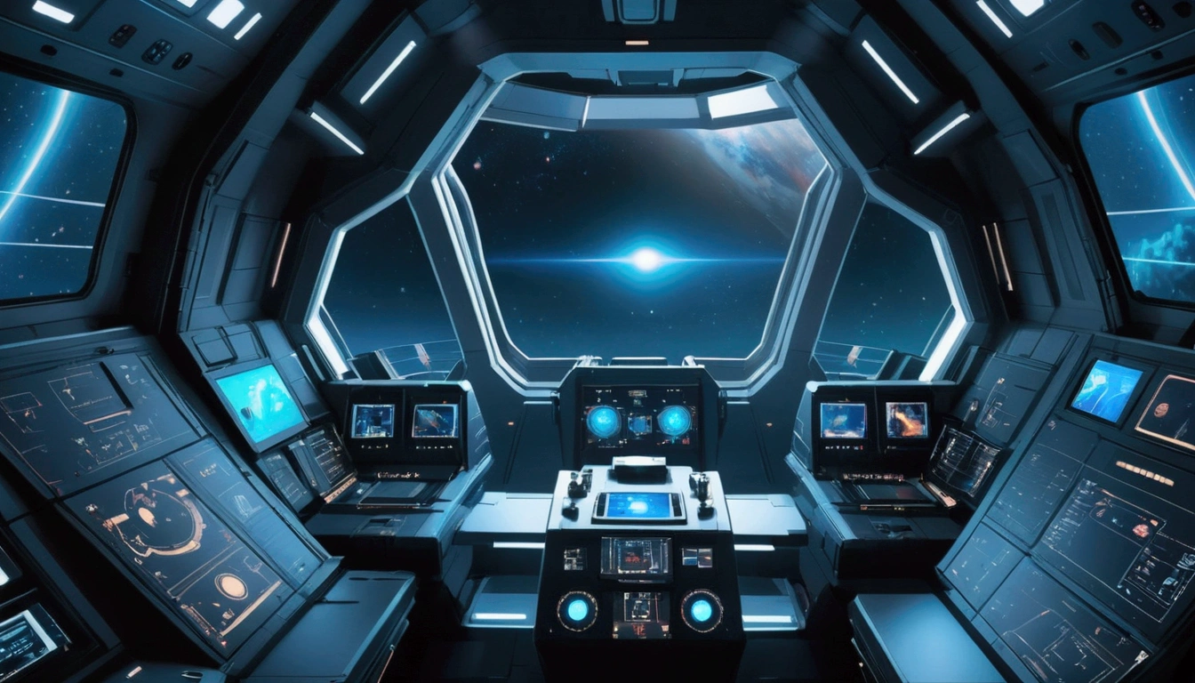 interior of spaceship, Flight deck, joystick，Showcase the platform，a large porthole，Can see the space, The content is very detailed, High-end lighting, Cinematic World, A futuristic, Bright space，sense of science and technology，Bright metal，neonlight，Blue tones
