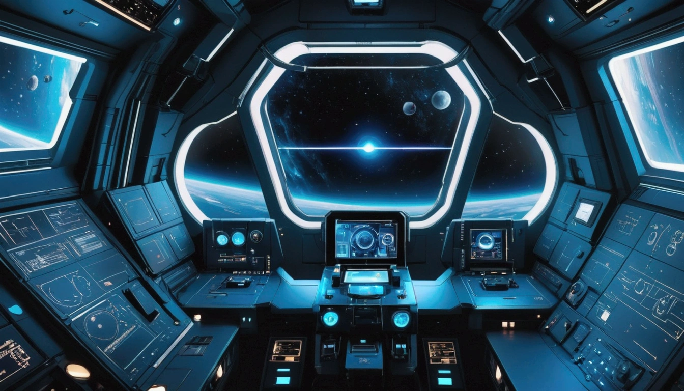 interior of spaceship, Flight deck, joystick，Showcase the platform，a large porthole，Can see the space, The content is very detailed, High-end lighting, Cinematic World, A futuristic, Bright space，sense of science and technology，Bright metal，neonlight，Blue tones
