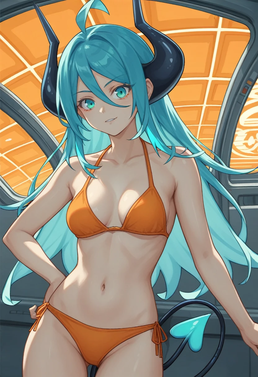 score_9, score_8_up, score_7_up,1 daemon woman, black horns, black demon tail, (aquamarine hair),aquamarine green color hair,ahoge, long hair, (long hair),bangs, light orange bikini, bikini is orange, bikini orange, orange bikini!, (aquamarine eyes), background is spaceship, aquamarine eyes, 1woman ,facing viewer, daemon girl, close up,Well-endowed, alone, Spacecraft interior, sexy pose
