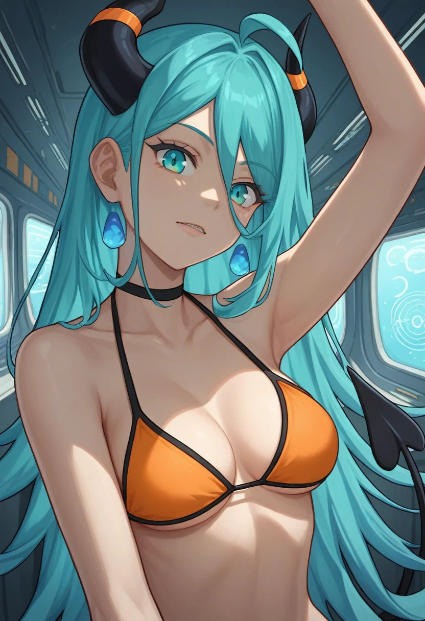 score_9, score_8_up, score_7_up,1 daemon woman, black  horns, black demon tail, (aquamarine hair),aquamarine green color hair,ahoge, long hair, (long hair),bangs, light orange bikini, bikini is orange, bikini orange, orange bikini!, (aquamarine eyes), background is spaceship, aquamarine eyes, 1woman ,facing viewer, daemon girl,  close up,Well-endowed, alone, Spacecraft interior, sexy pose