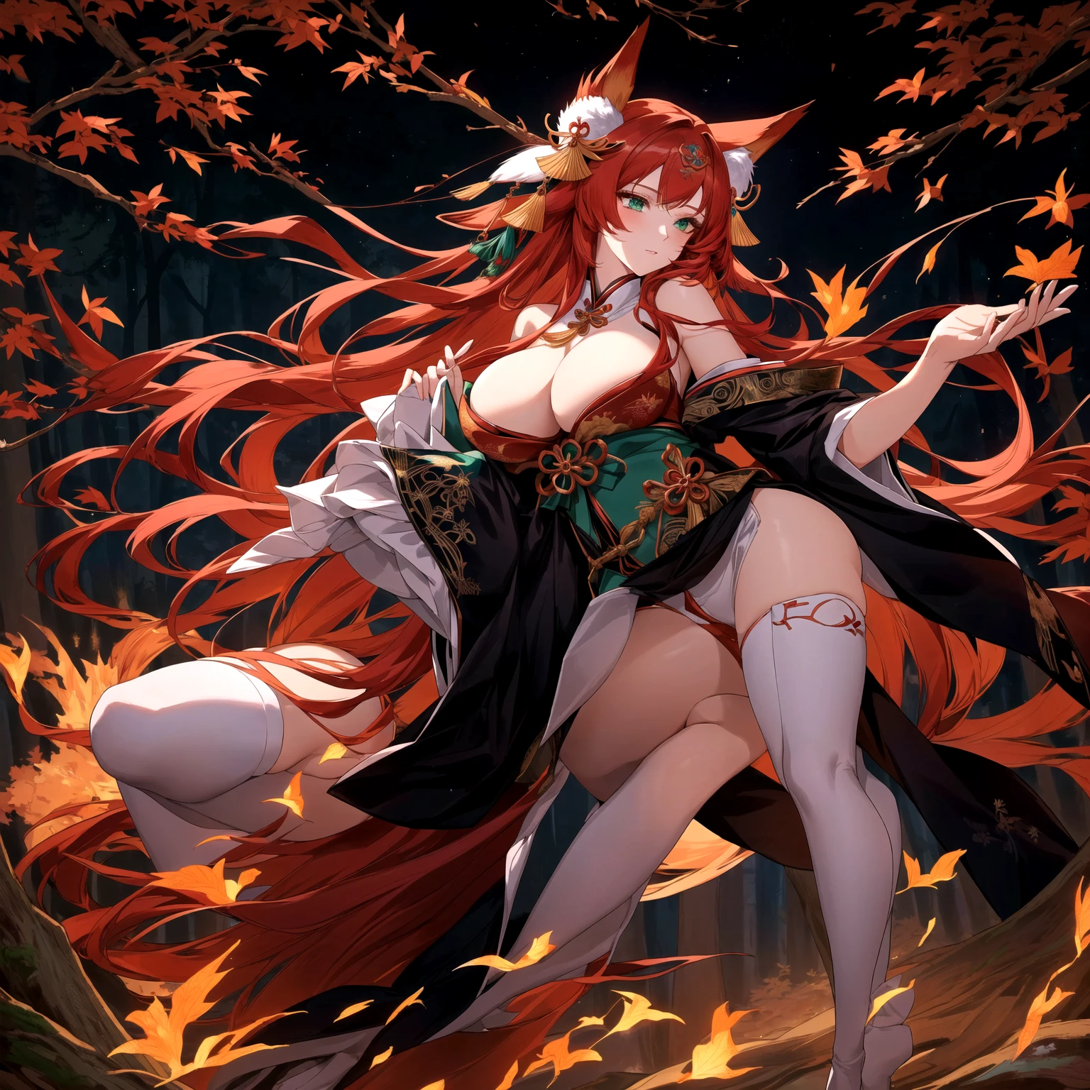 anime girl with red hair and nine-fox tail standing in a forest, goddess of autumn, a beautiful fox lady, onmyoji detailed art, fire goddess, a beautiful kitsune woman, a beautiful sorceress, red-haired goddess, 8k high quality detailed art, beautiful sorceress, autumnal empress, trending on art station pixie, she has blue-green eyes wearing white stockings with a H-cup chest, wide ass, hour glass figure