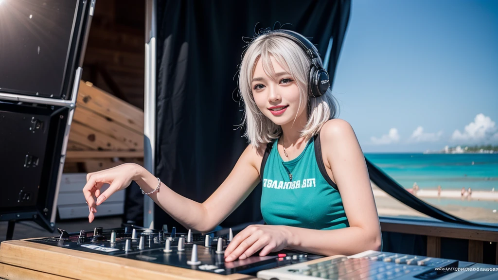 (ultra - detailed, 16K resolution, Cinema lenses, rendering by octane), (high resolution:1.18), intricate detail, (masterpiece:1.1), (highest quality:1.1), (1girl, portrait, white hair, blue eyes, short hair, detailed eyes),Wearing silver DJ headphones, sequined T-shirt, (in the beach:1.5), (Iconic hip-hop pop costumes:1.3), Smile while DJing on stage, DJ studio next to the beach, ((A stylish DJ stage on a hill overlooking the beach)), full body shot, Photorealistic photography by Sunshine, (cute round face:1.3), perfect fingers, five fingers, beautiful hands, perfect hands. master peace, cute smile, Fixhand.