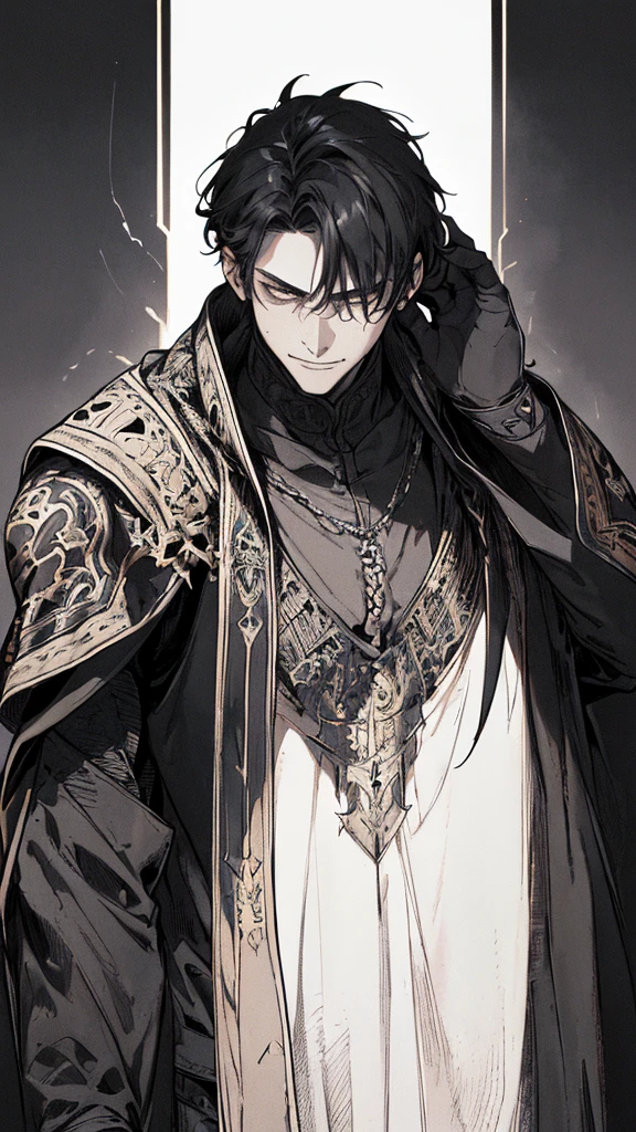 Best quality, (background_detail), high_contrast, detail_original_illustration, warrior, muscular, villain face, armored, full_body, medieval, crease between eyes, young man, man in 20s, dark_stitch_landscape, (dramatic_lighting:1. 25), (shaded_background:1.2), black_hair, (short black hair:) 1.1 ), Large figure, Delicate face, Evil smile, Sharp eyes, Black background, (Black background:1.5), Beautiful line drawing, Black and white
