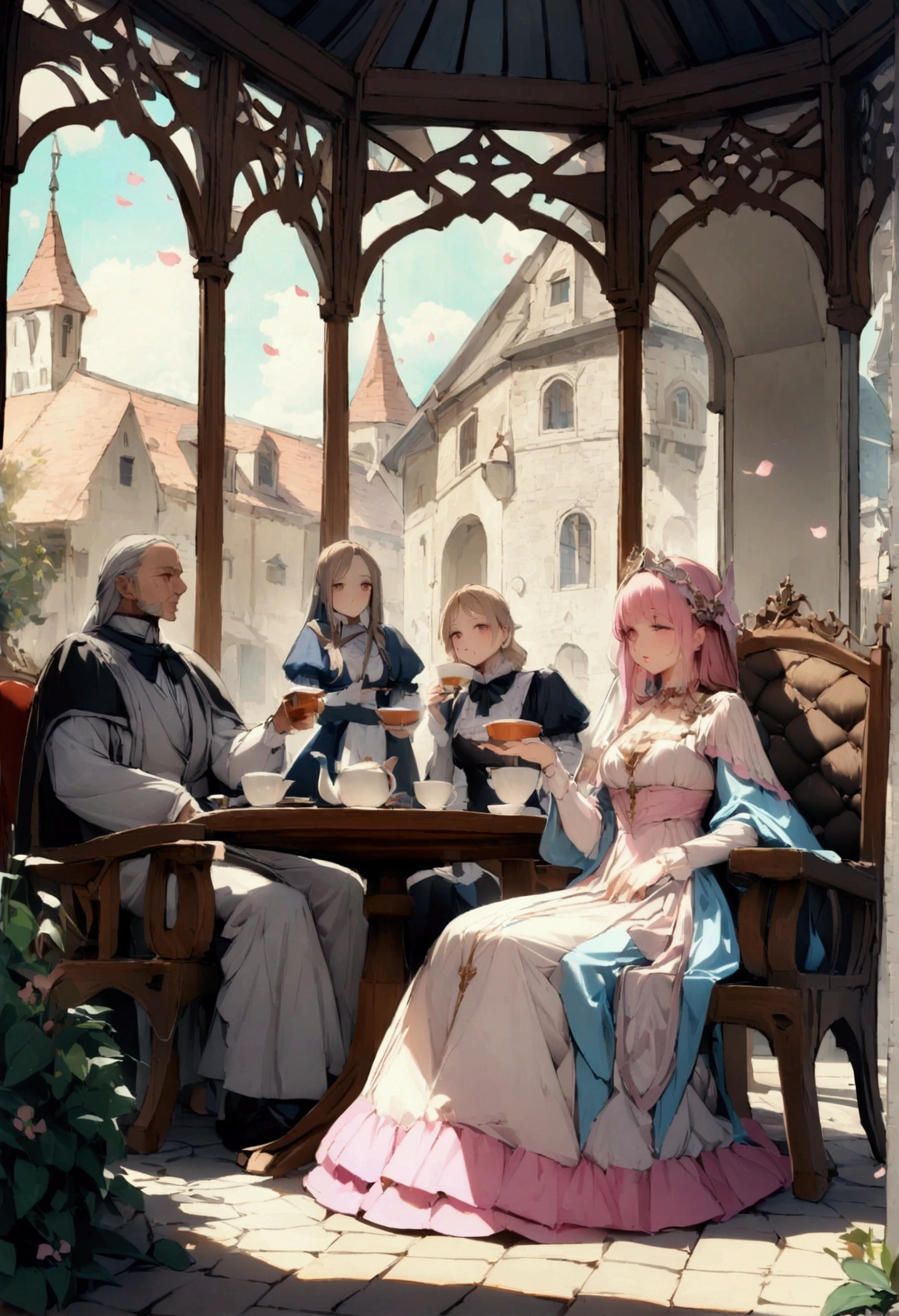(8k, Highest quality, masterpiece:1.2),(Highest quality:1.0), (Ultra-high resolution:1.0), Very bright and luminous design, pastel colour,The Lady and the Butler,The two are close、The young lady sits in a chair and takes a sip from her coffee cup.、The butler stands by the lady's side.、tea time、A gazebo in the courtyard、Gazebo、Petals flutter、Medieval Europe