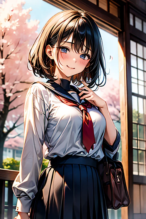 masterpiece、Best Quality、Super detailed、Beautiful Eyes、Jitome、 ((2 girls:1.6))、((The woman on the right has straight, black hair down to her shoulders.、The woman on the left has short blonde hair.))、Big Breasts、(High school girl wearing traditional Japanese sailor uniform。She is characterized by a navy blue skirt, white blouse and red ribbon tie.)、Standing in front of a cherry tree in full bloom、The petals are gently falling。In his right hand he holds a school bag、Smiling。In the background、You can see a typical Japanese school building with large windows and a clock tower.。、Pan Thai、From below、 blush、Mouth pointed.、Open your wavy mouth、Close ~ eyes、upright、valley、