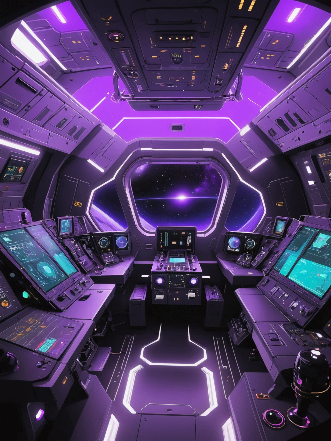 interior of spaceship, Flight deck, joystick，Showcase the platform，a large porthole，Can see the space, The content is very detailed, High-end lighting, Cinematic World, A futuristic, Bright space，sense of science and technology，Bright metal，neonlight，Purple tones
