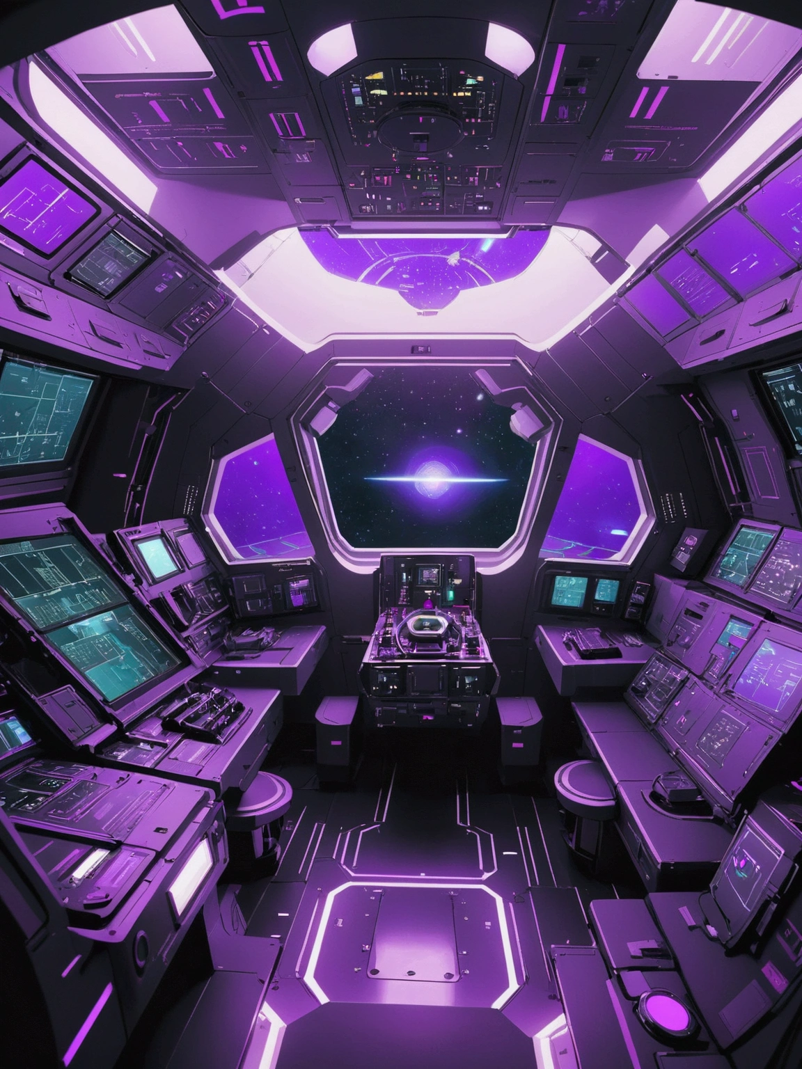 interior of spaceship, Flight deck, joystick，Showcase the platform，a large porthole，Can see the space, The content is very detailed, High-end lighting, Cinematic World, A futuristic, Bright space，sense of science and technology，Bright metal，neonlight，Purple tones
