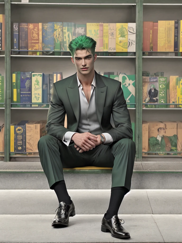 1 man, handsome, muscular, green hair, scar, black suit, black Oxford shoes, black socks, best quality, masterpiece, sitting, 