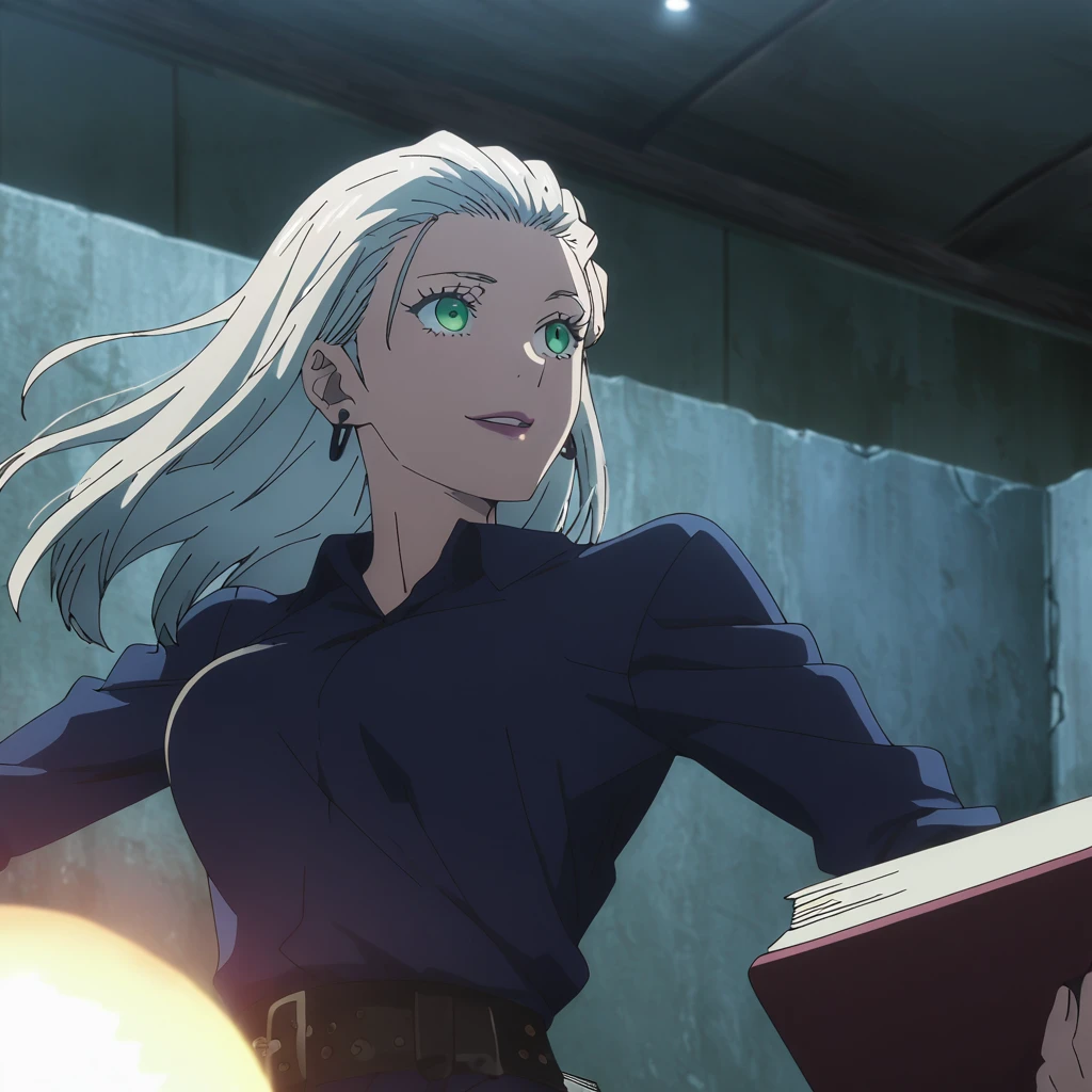 1girl, female gojo satoru, anime screencap from jujutsu kaisen, gojo satoru female version, solo, long_hair, ((green eyes)) ((White_hair, hair slicked from one side)), night view, (hanging breasts) upper_body, smile, indoors, book, lips, (slightly straight hair) ((wearing blue shirt and short latex pant)) breast, "very detailed and high resolution" (gree eyes) ((solo)) (((front view))) (earings) ((high resolution)) ((good quality)) ((hair slicked from one side)) 