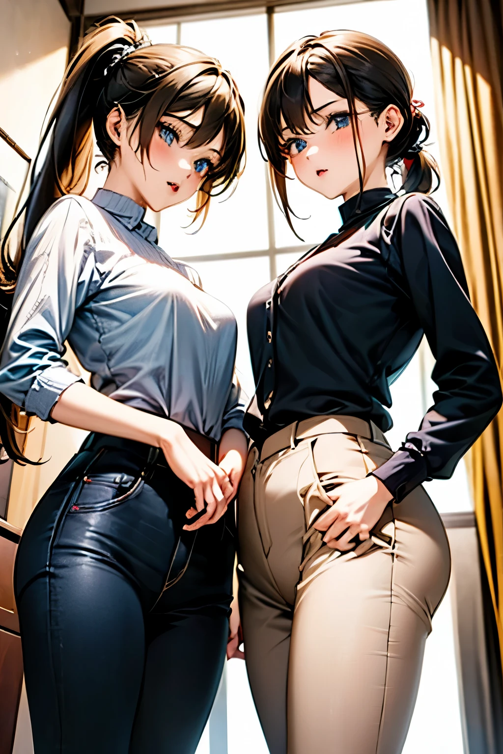 masterpiece, best quality, ultra-detailed, beautiful detailed eyes, jitome, (2girls:1.6)、((The woman on the right has short blonde hair、The woman on the left has black hair in a ponytail.)), (mid breast, , from below), blouse、skinny pants、Slender figure、Bewitching atmosphere、blush, pout, open wavy mouth, close up eyes,, standing straight, cleavege,