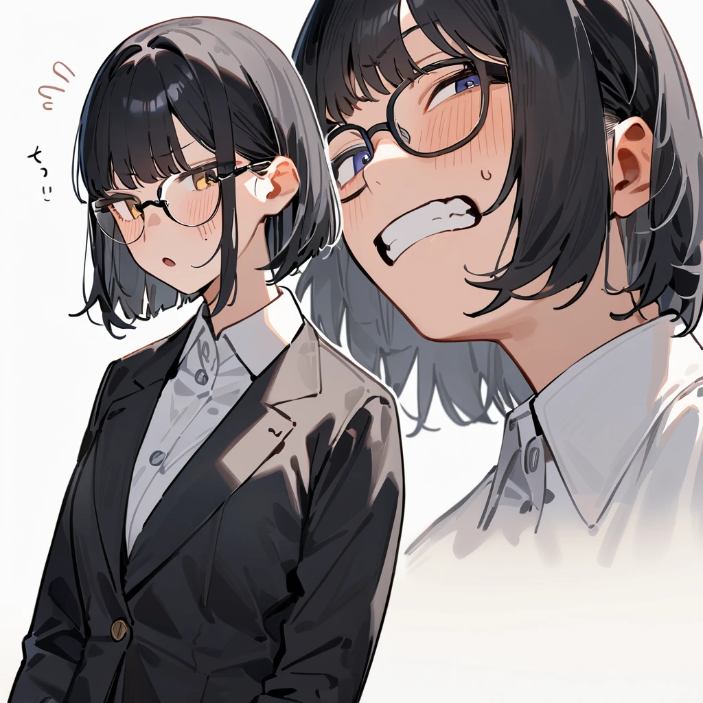masterpiece, Highest quality, so beautiful, Absurd,
One girl, alone, Black Hair, Bobcut,
Thermont 16A, Glasses, 
Collared shirt, Happy,Painful expression、Frowning、View your viewers, Glassesの調整, White Background, Simple Background,
 