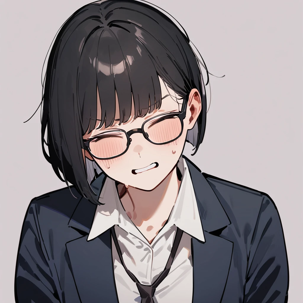 masterpiece, Highest quality, so beautiful, Absurd,
One girl, alone, Black Hair, Bobcut,
Thermont 16A, Glasses,
Collared shirt, Happy,Painful expression、Frowning、View your viewers, Glassesの調整, White Background, Simple Background,
