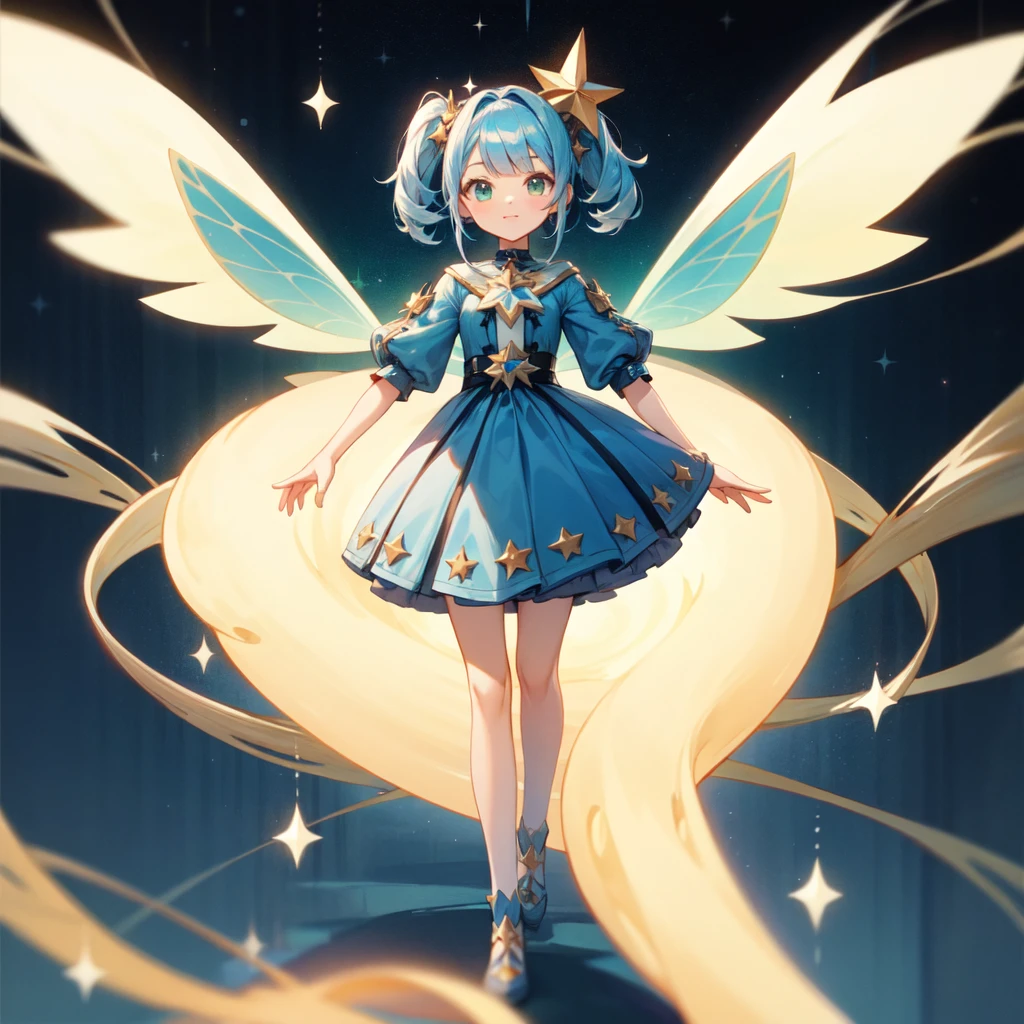 1girginal cute hairstyle、Star Fairy、Star incarnation、Character design front view、A picture facing the viewer、(((Super detailed、Highest quality、Masterpiece)))、Original cute hairstyle、Milky white and blue hair color、Simple Green Background、vtuber-fullbody,K,