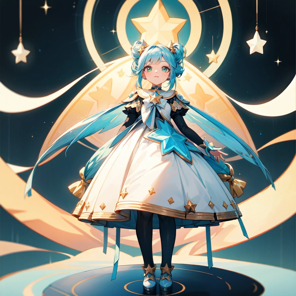 1girginal cute hairstyle、Star Fairy、Star incarnation、Character design front view、A picture facing the viewer、(((Super detailed、Highest quality、Masterpiece)))、Original cute hairstyle、Milky white and blue hair color、Simple Green Background、vtuber-fullbody,K,