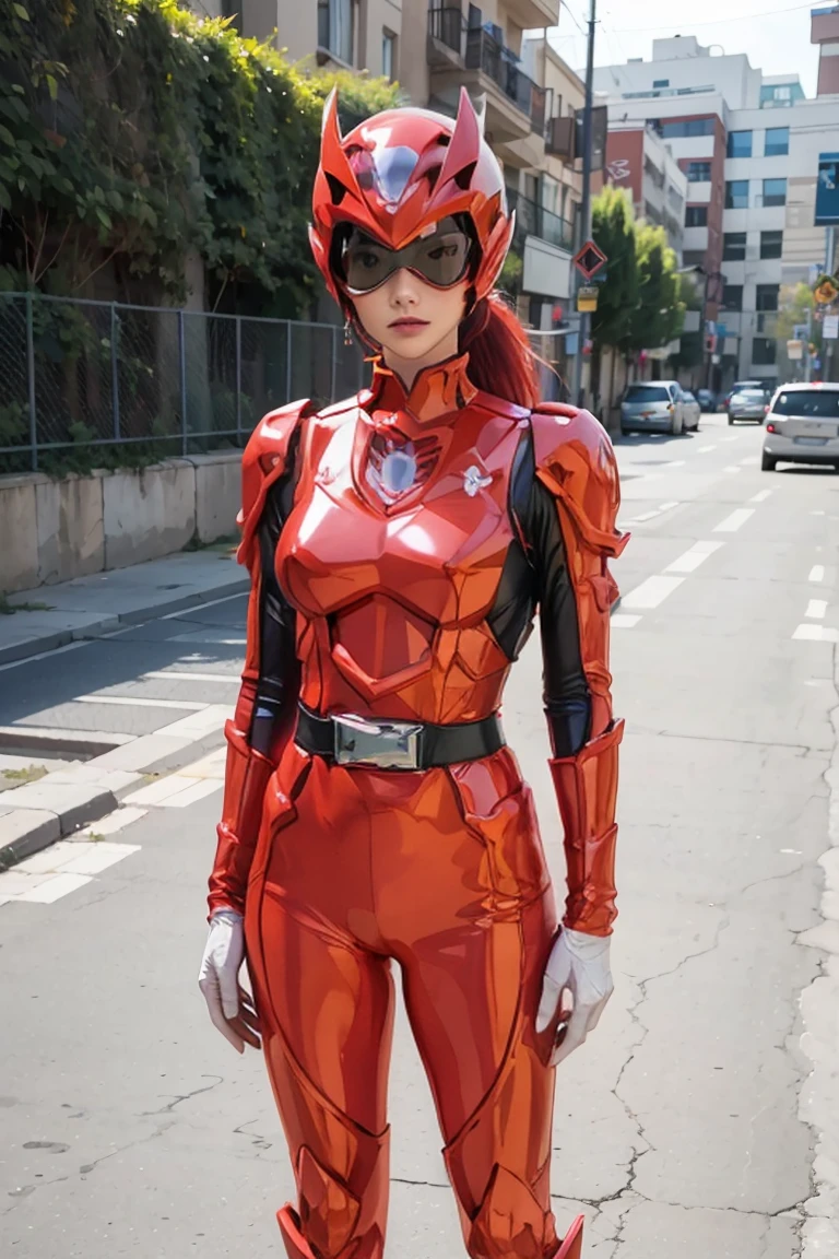 masterpiece, best quality, genny, hairband, red sweater, frilly white skirt, sneakers, standing, looking at viewer power suit, powerranger, suit, spd, (Power ranger suit), gold detail, masked,
