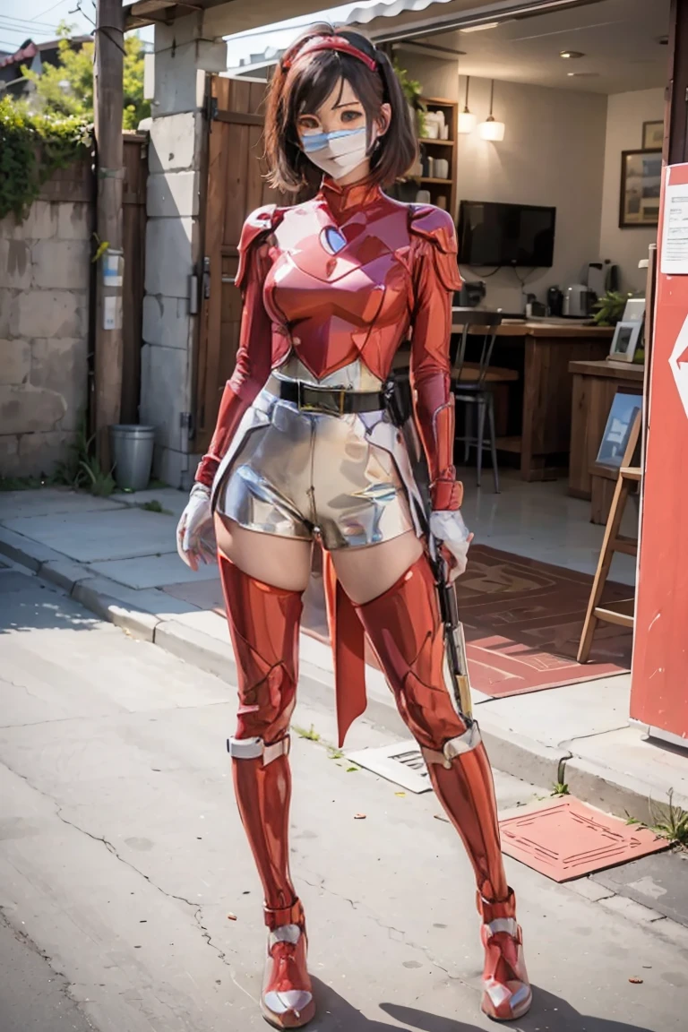 masterpiece, best quality, genny, hairband, red sweater, frilly white skirt, sneakers, standing, looking at viewer power suit, powerranger, suit, spd, (Power ranger suit), gold detail, masked,
