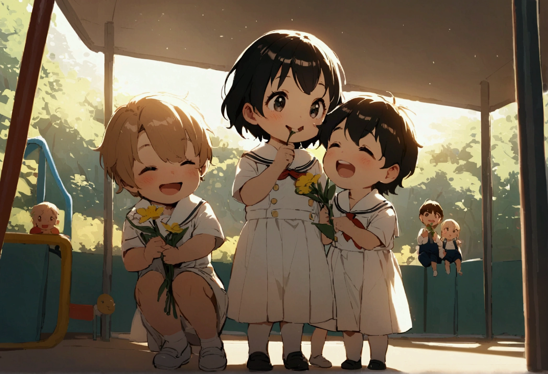 Candid. 2 years old children wearing white sailor Pre-School uniform, happy face, gossiping with his 3 friends, holding flower, wearing shoes. In kindergarten playground.
