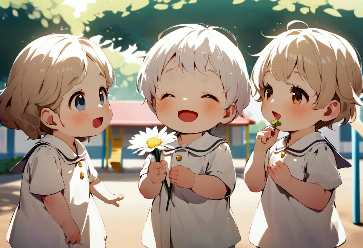 Candid. children wearing white sailor Pre-School uniform, happy face, gossiping with his 3 friends, holding flower, wearing shoes. In kindergarten playground.
