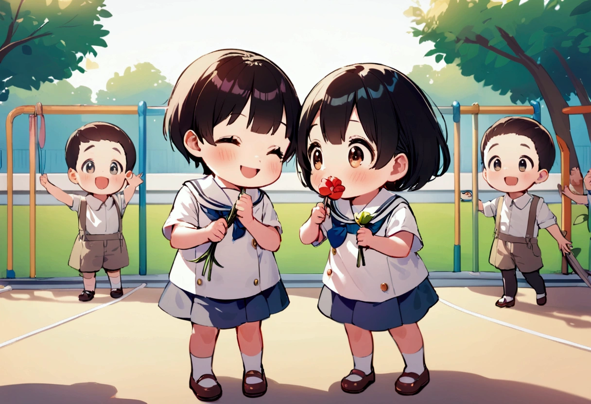 Candid. 2 years old children wearing white sailor Pre-School uniform, happy face, gossiping with his 3 friends, holding flower, wearing shoes. In kindergarten playground.