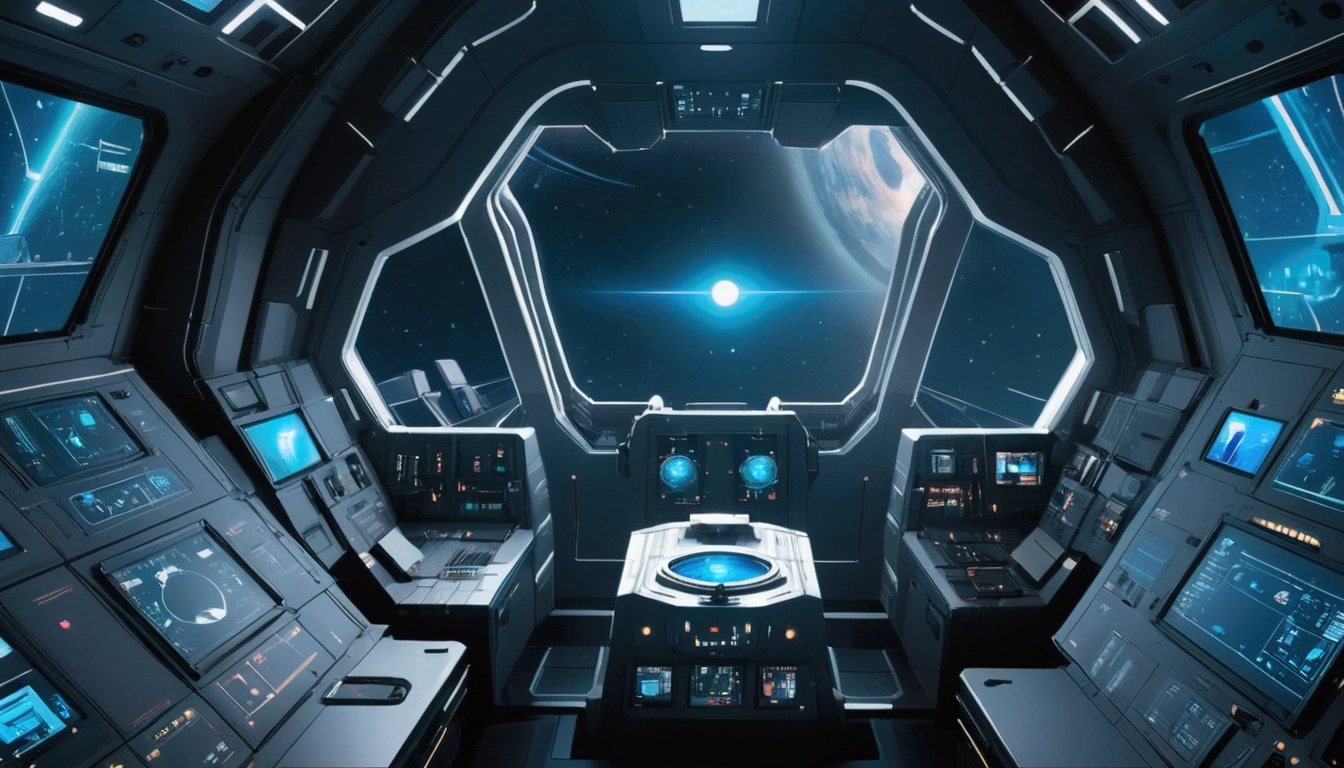 interior of spaceship, Flight deck, joystick,Showcase the platform,a large porthole,Can see the space, The content is very detailed, High-end lighting, Cinematic World, A futuristic, Bright space,sense of science and technology,Bright metal,neonlight,Blue tones