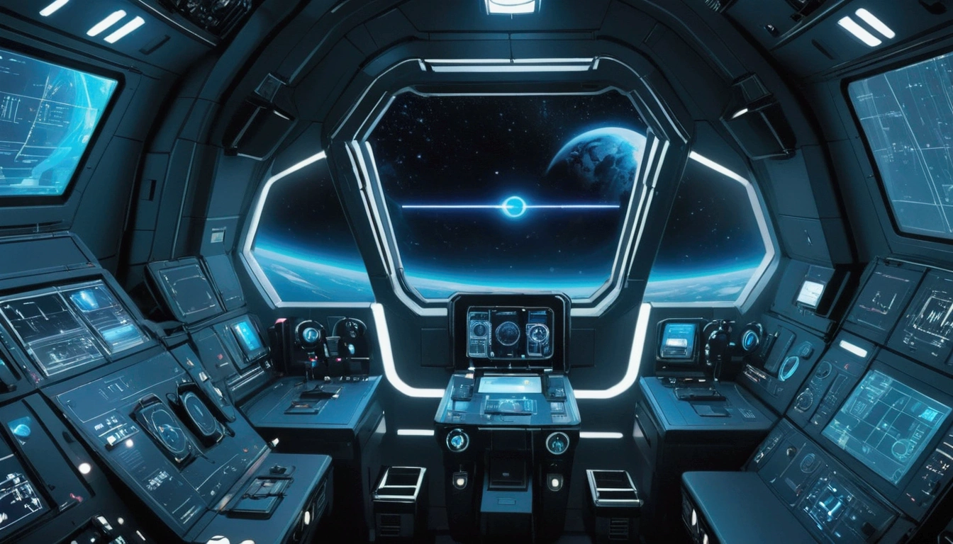 interior of spaceship, Flight deck, joystick，Showcase the platform，a large porthole，Can see the space, The content is very detailed, High-end lighting, Cinematic World, A futuristic, Bright space，sense of science and technology，Bright metal，neonlight，Blue tones
