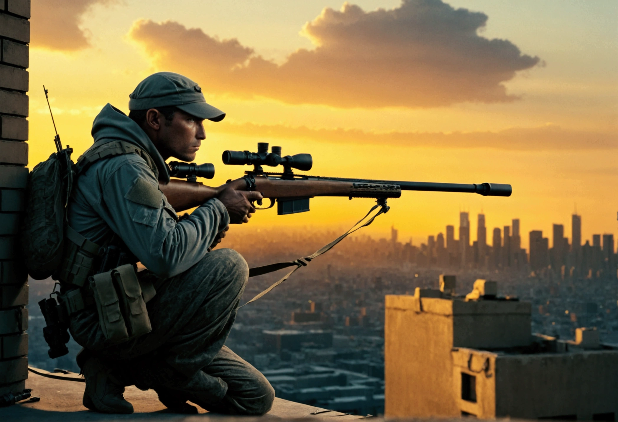 Photograph of a sniper, positioned on a rooftop with their sniper rifle at the ready, overlooking a city skyline at dusk. Captured with a long lens and dramatic lighting by photographer Annie Leibovitz, the image portrays the solitude and calculated precision of the sniper's mission, creating a haunting and atmospheric scene