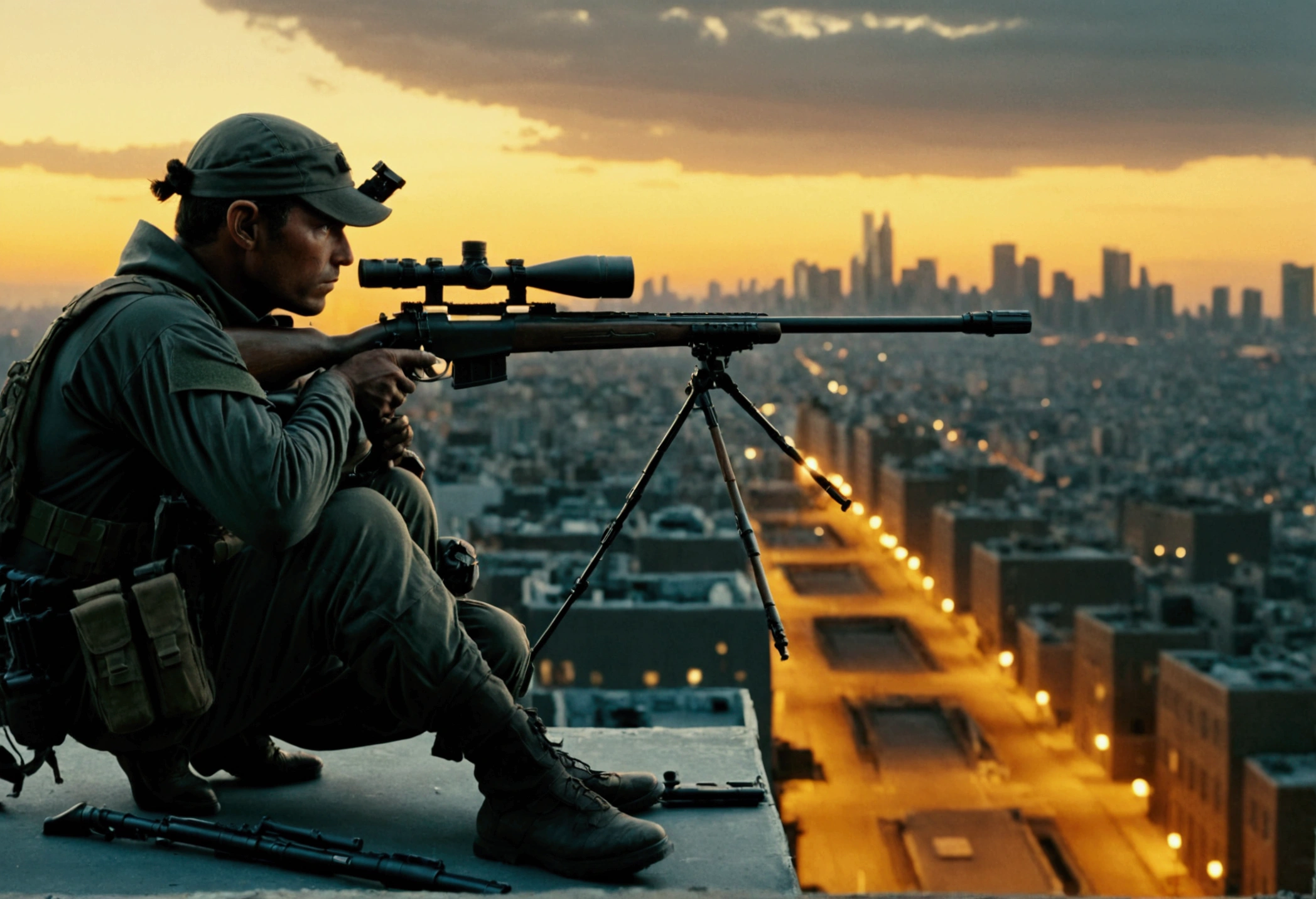 Photograph of a sniper, positioned on a rooftop with their sniper rifle at the ready, overlooking a city skyline at dusk. Captured with a long lens and dramatic lighting by photographer Annie Leibovitz, the image portrays the solitude and calculated precision of the sniper's mission, creating a haunting and atmospheric scene