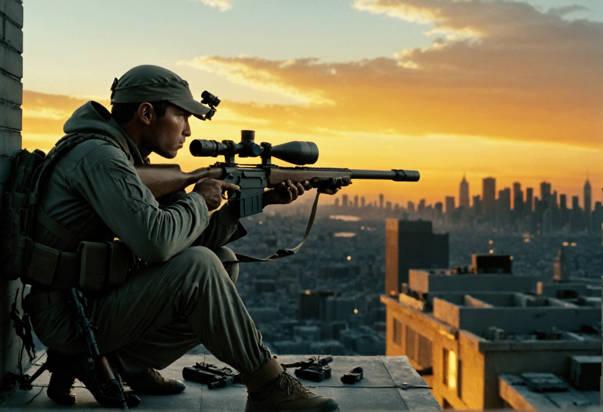 Photograph of a sniper, positioned on a rooftop with their sniper rifle at the ready, overlooking a city skyline at dusk. Captured with a long lens and dramatic lighting by photographer Annie Leibovitz, the image portrays the solitude and calculated precision of the sniper's mission, creating a haunting and atmospheric scene