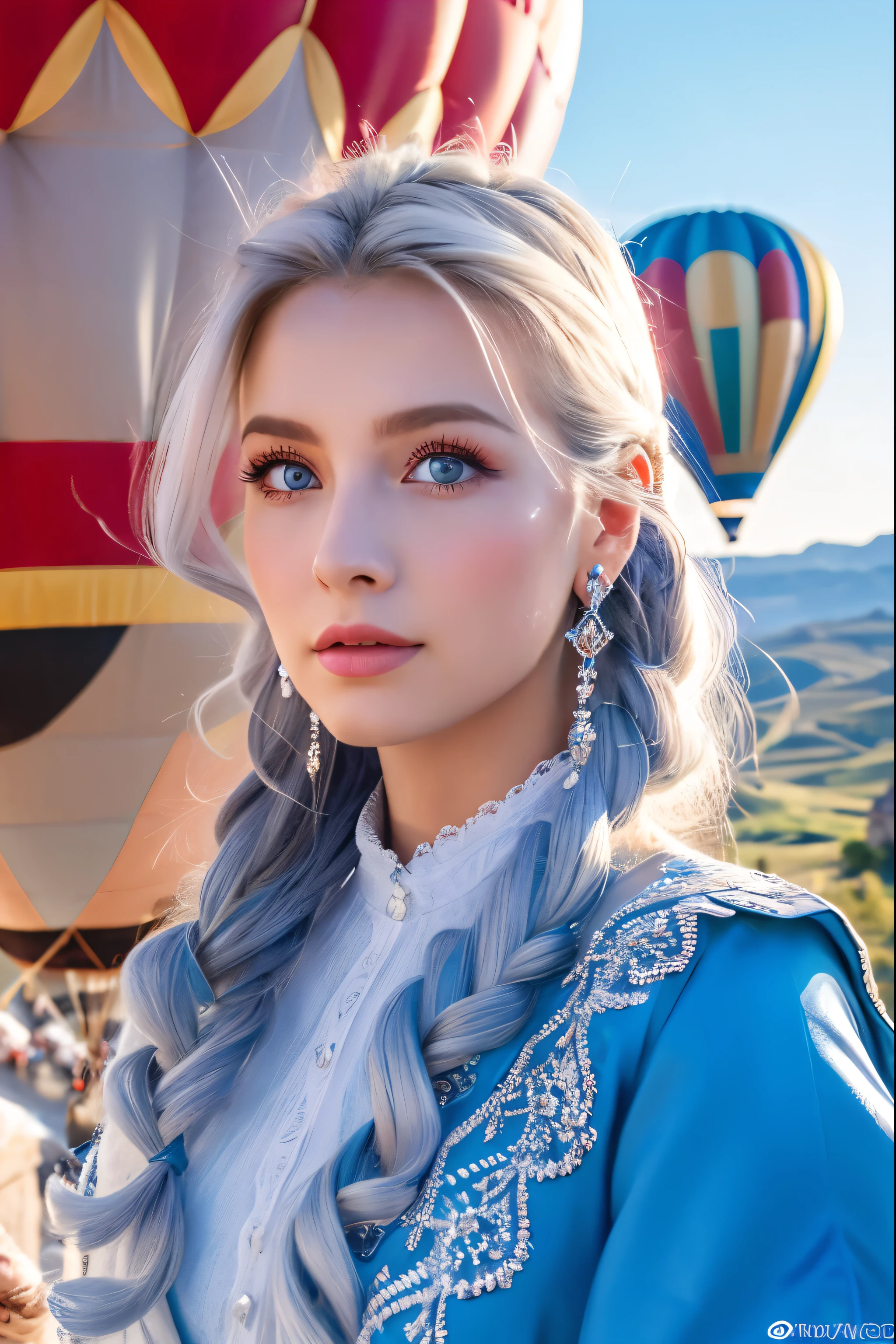 (4K), (Highest quality), (Best details), (Realistic)、Beautiful Austrian Queen watching hot air balloons from her balcony in Cappadocia、Gorgeous outfit、Frugal makeup、Silver Hair、Blue Eyes、White cloud