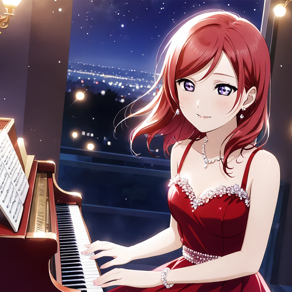 Highest quality、masterpiece、Maki Nishikino、(Purple Eyes)、Red Hair、play piano、Glistening tears、Close ~ eyes、Look Up、night、Red dress、night空