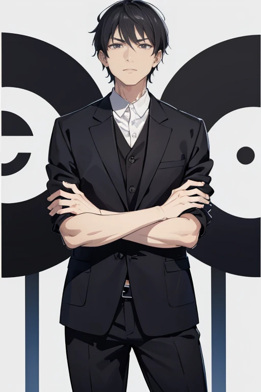 One Man、40 years old、Middle-aged man、Around fifty、solo、A photo showing you from your thighs to the top of your head、Front facing、Standing facing forward、Standing facing the camera、Arms crossed pose、Black Hair、Short Hair、Iris、Sharp Eyes、Glaring expression、Black jacket、Black trousers、White shirt、White background