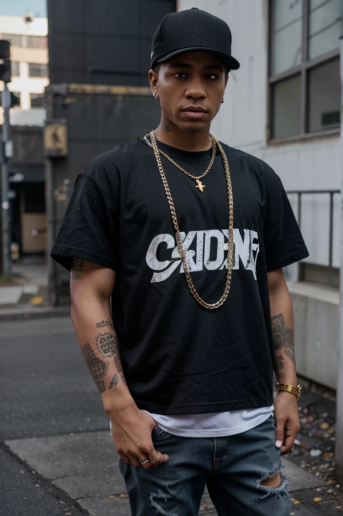 Creat an rapper wearing a black shirt black, ruff jeans,nike sb dunk purple and white gold diamonds plaid chain written “HOTSNOW” On it.
