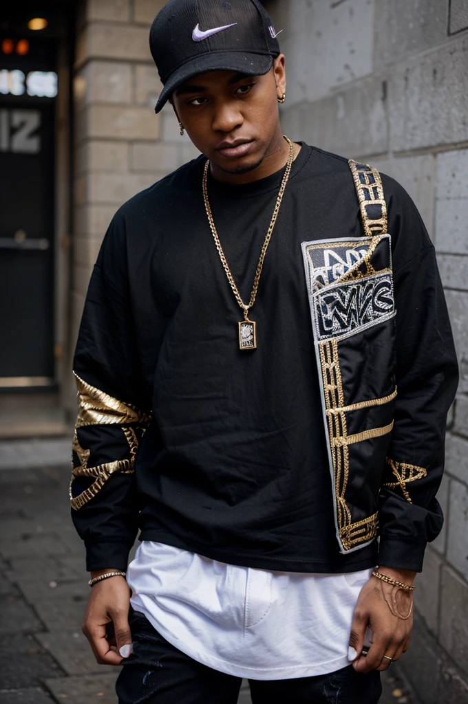 Creat an rapper wearing a black shirt black, ruff jeans,nike sb dunk purple and white gold diamonds plaid chain written “HOTSNOW” On it.